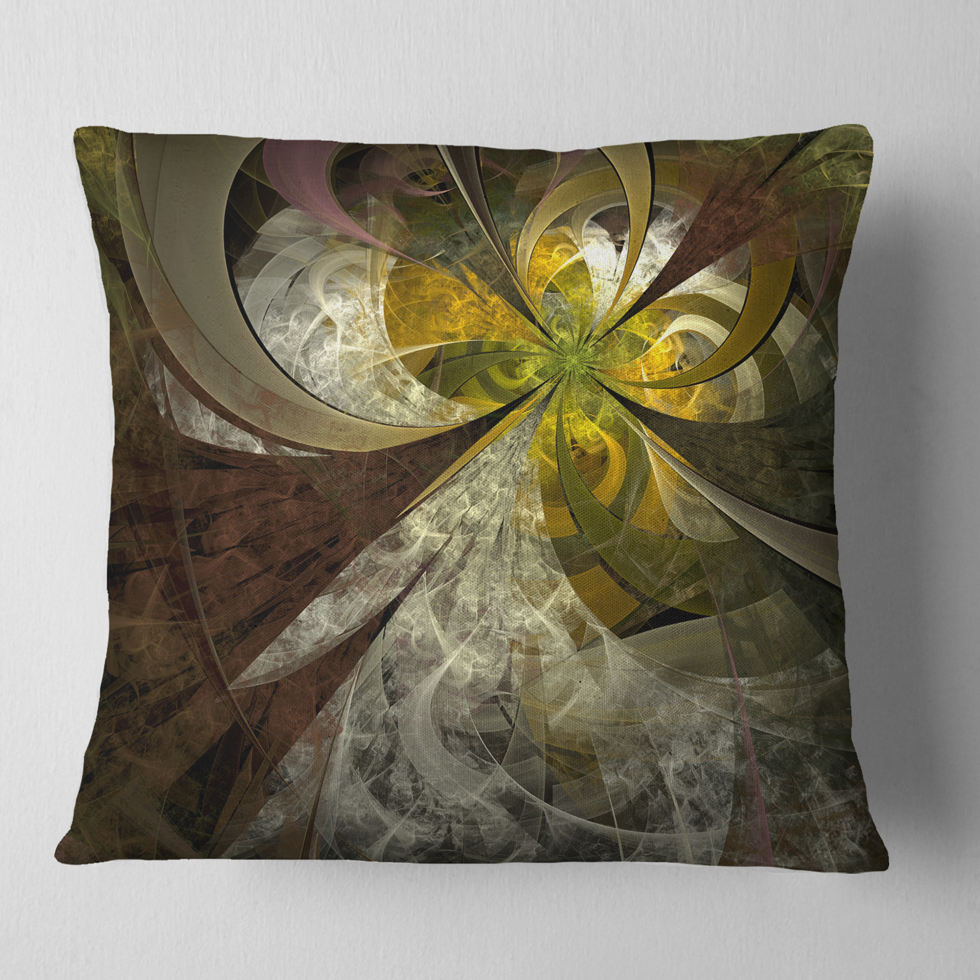 Designart Symmetrical Gold White Fractal Flower - Floral Throw Pillow - 16x16
