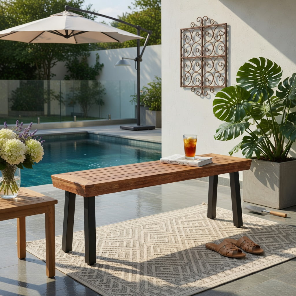 Hommoo Outdoor Acacia Wood Garden Bench for 2-3 People, Sturdy Metal Frame, Splinter-Free Patio Bench, 60" Backless Seating with Adjustable Feet, Brown