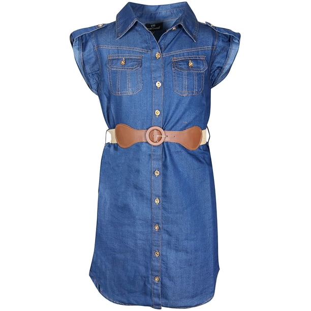 Dollhouse Girls' Denim Peasant Dress - Belted Cap Sleeve Boho Dress For Ages 7-16