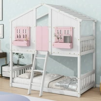 Bellemave House Bunk Bed Twin Over Twin, Wood Floor Bunk Bed Frame with Roof, Window Box & Small Door for Bedroom (Pink White)