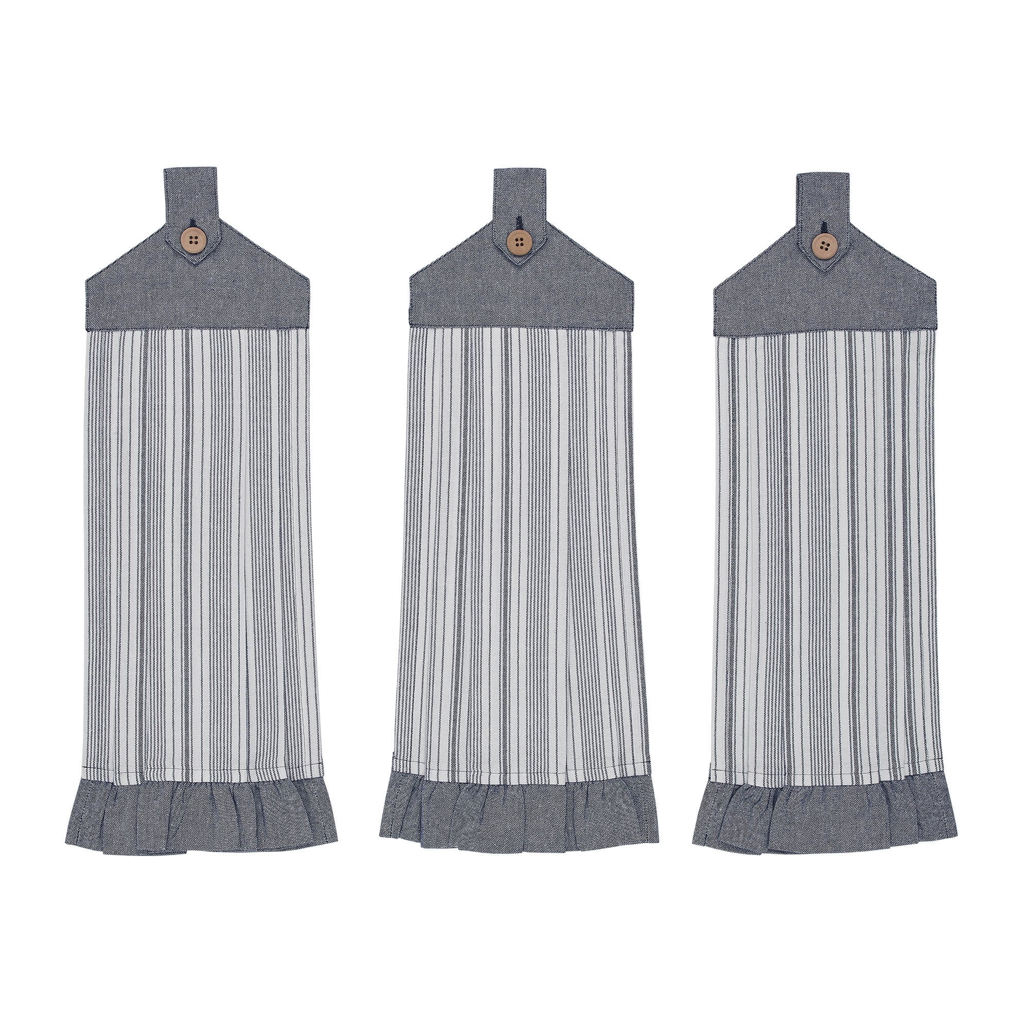 VHC Brands Cotton Sawyer Mill Blue Ticking Stripe Button Loop Kitchen Towel Set of 3, Hanging Kitchen Towel, Pleated, Bath, Kitchen, Sawyer Mill Blue Collection Denim Blue