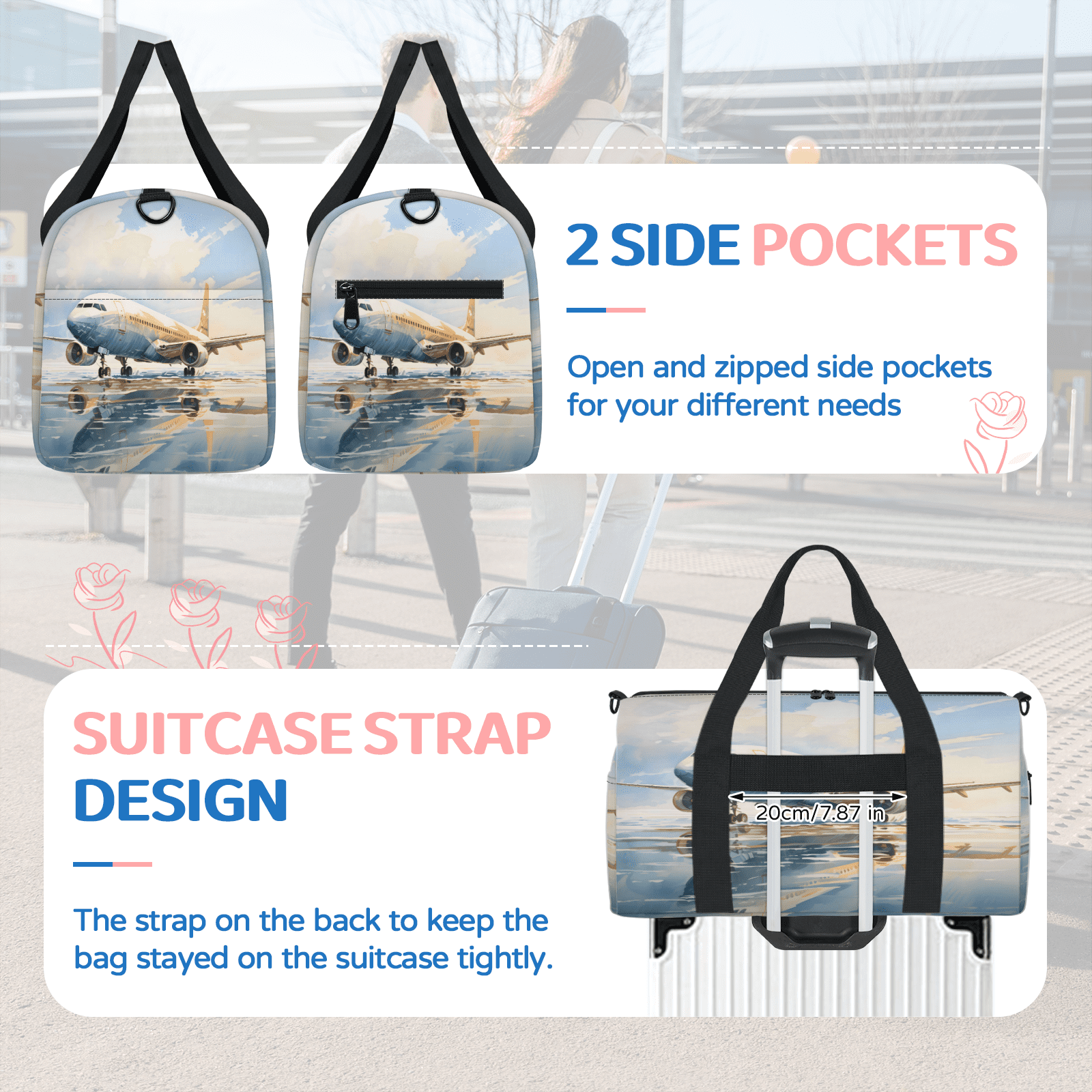 Herdesigns Airplane Airport Travel Duffle Bag Sports Yoga Weekender Overnight Carry on Workout Bags Lightweight Waterproof Gym Tote Bag for Women