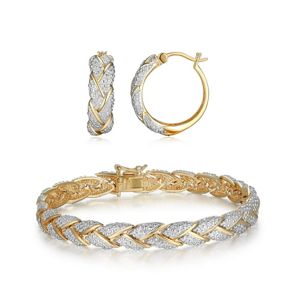 Forever Facets Diamond Accent Braided Bracelet and Earring Set in 18k Yellow Gold over Bronze, Adult Female