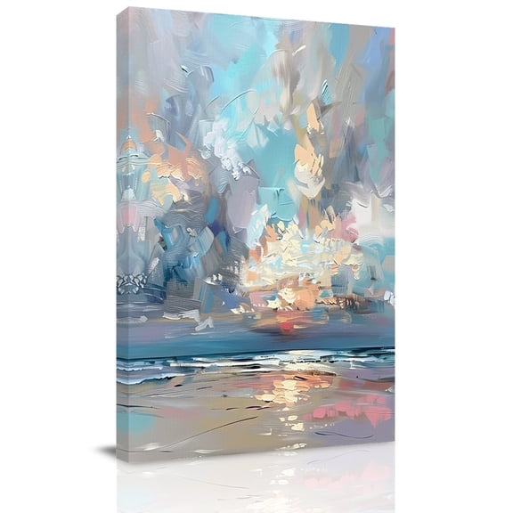 Canvas Wall Art, Blue Gray Coastal Framed Canvas Prints for Living Room Office, Oil Painting Modern Abstract Art Extra Large Gallery Wrapped Wall Decor for Home Office, Gifts, 24"x32" Ship Next Day