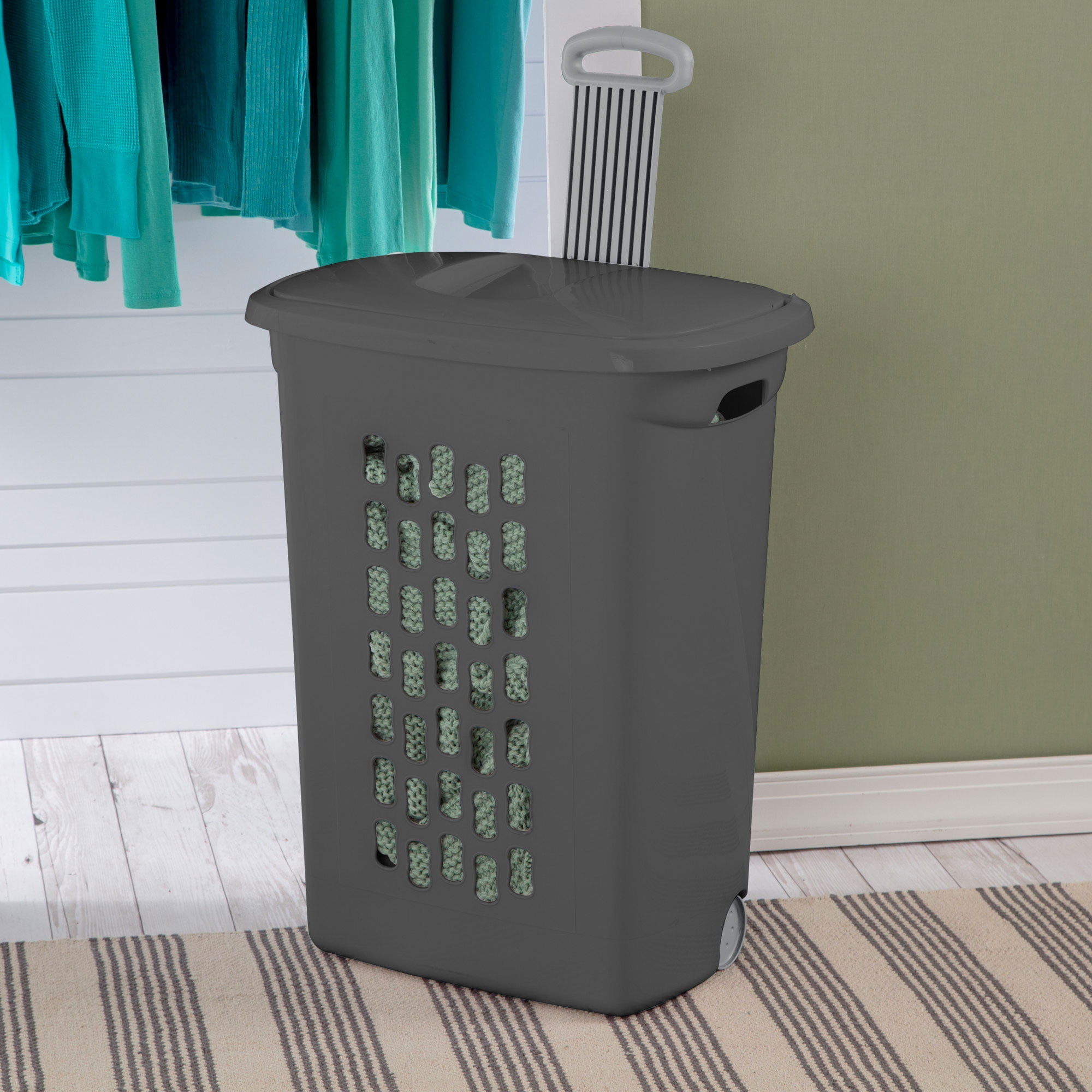 Sterilite 3-Pack Ultra Wheeled Hamper, Laundry Basket with Lid and Handle, Flat Gray