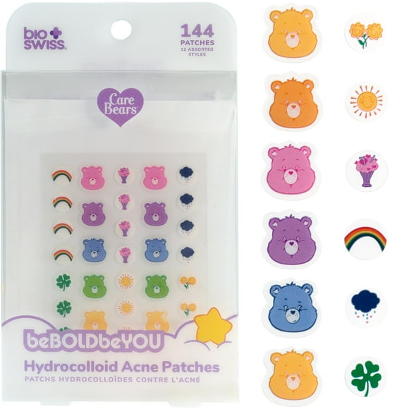 BioSwiss Parches para espinillas Care Bears, parche impreso para acné para granos e imperfecciones, pegatinas hidrocoloides para cara y piel, 144 unidades