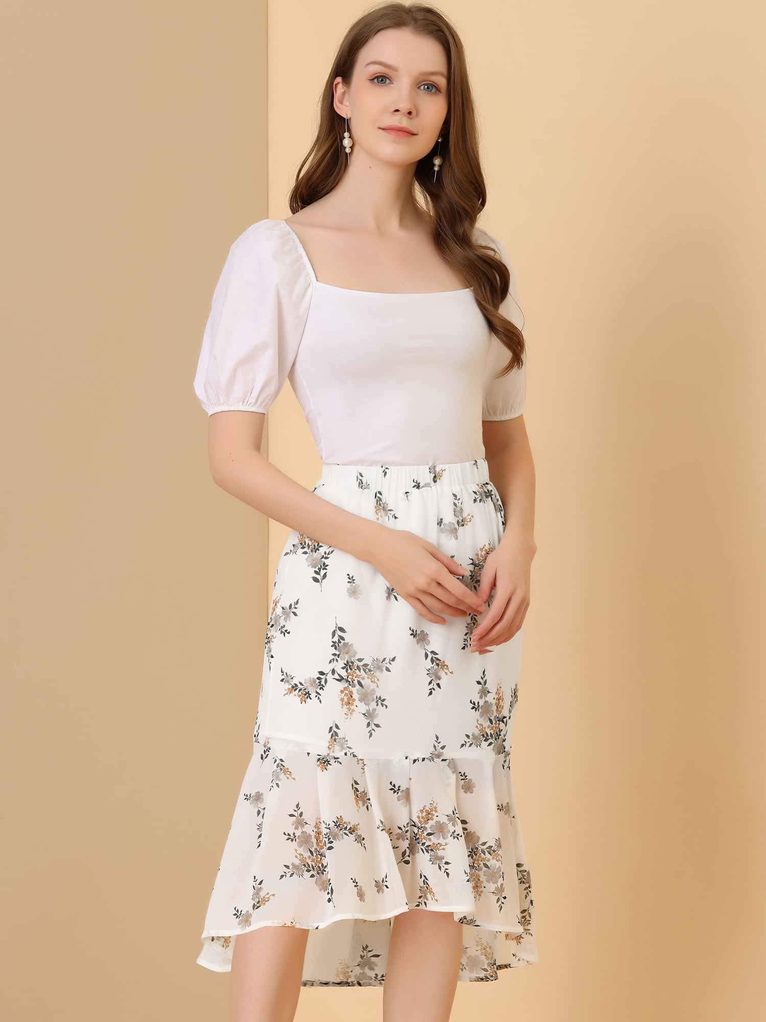 DARING DIVA Women's Floral Elastic Waist Bodycon Ruffle Hem Fishtail Skirt M White