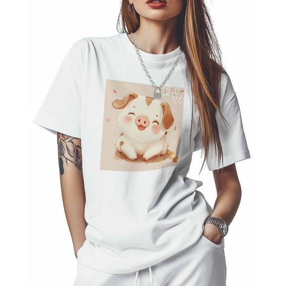 T Shirts for Women Short Sleeve Cotton Crewneck T-Shirt, Watercolor Pig Cherry Blossoms Cute Tee Tops Casual Basic T-Shirts, XS-5XL White S