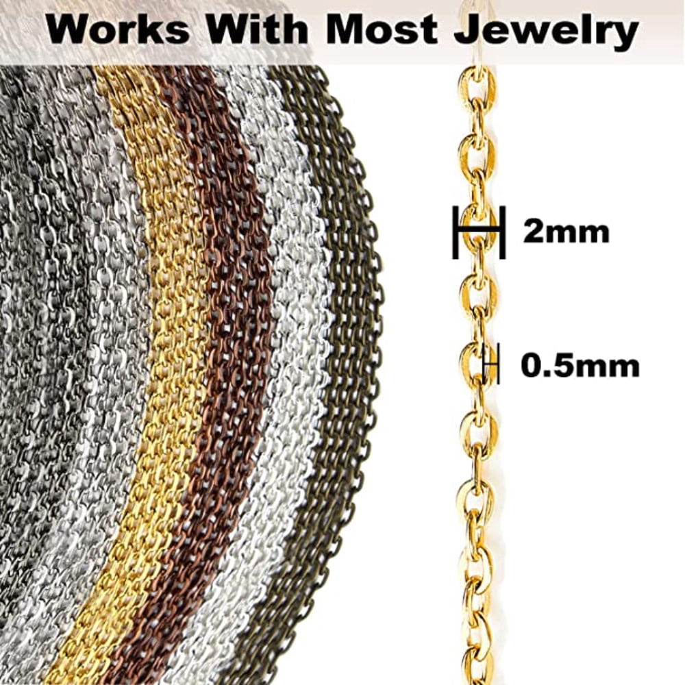 MesaSe 60 Feet Necklace Chains for Jewelry Making Supplies, Link Chain Rolls for Necklaces Earrings Bracelets Craft Findings 6 Colors 2mm Gold Silver Plated Metal Jewelry Making Kit