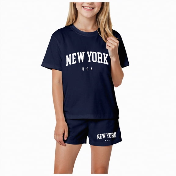 Ccpelsie Toddler Girl's 2 Piece Bowknot Outfits Summer Cute Fashion Graphic Tees with Short Sets for Children(Dark Blue,6-7 Years)