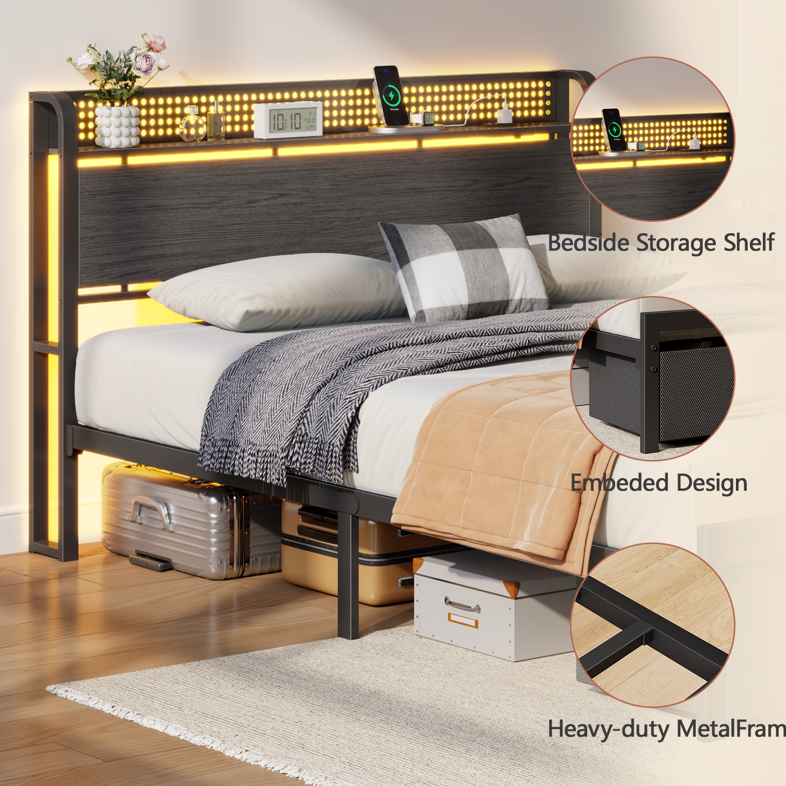 Satifur Queen Bed Frame with Storage Drawers and Charging photo 6