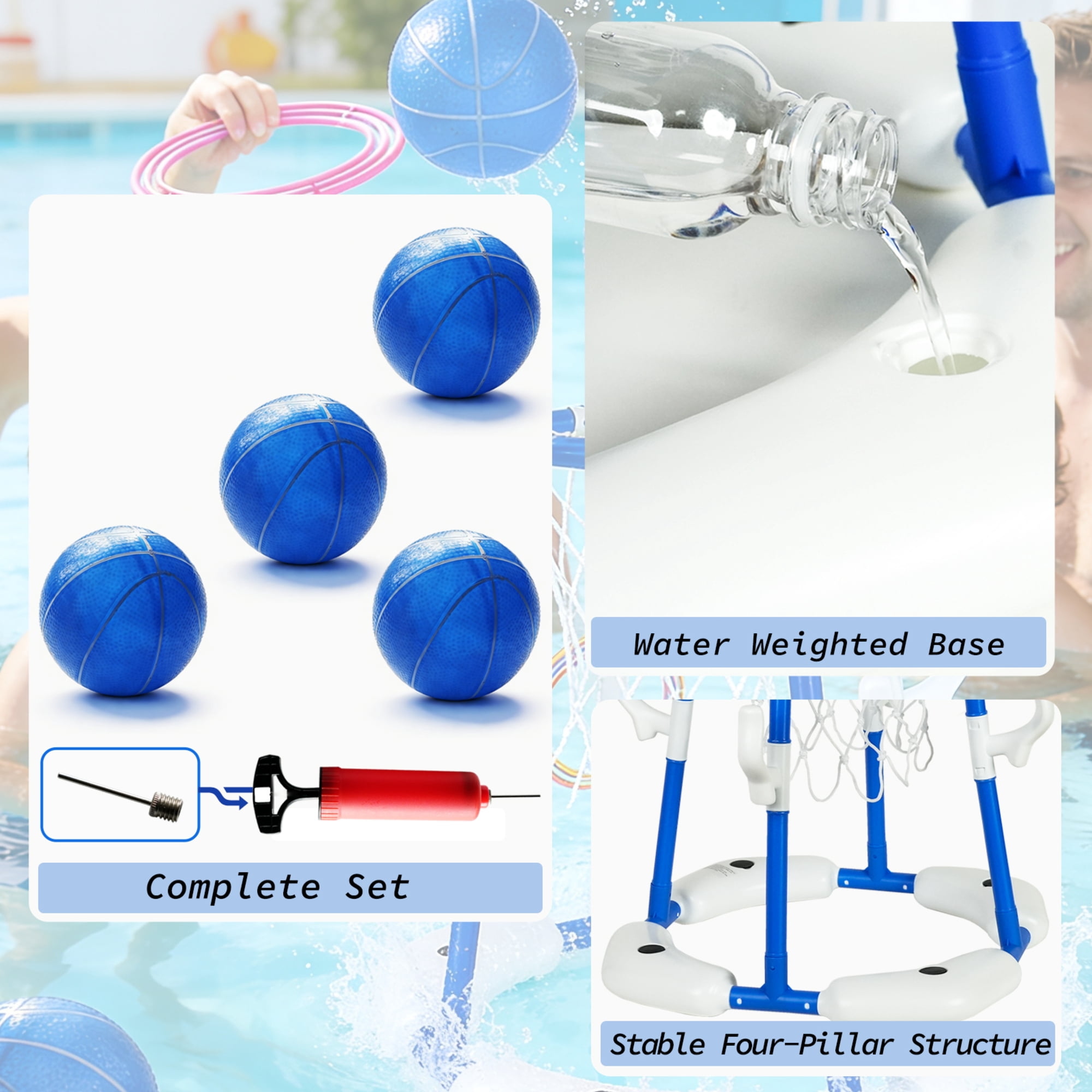 Easy Playhouse: 2-In-1: Pool Basketball Hoop & Ring Toss Game - Blue Floating Water Toy Set, Shoot-Toss-Play, 4 Balls, 4 Dive Rings, Pump, Family Kids