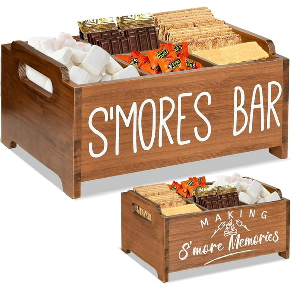 S'mores Station Box - Wooden Smores Bar Holder Caddy Tray Kit with Handles, Brown Smores Serving Tray for Kitchen, Smores Maker Box Tabletop for Smores Kit, Marshmallow Tray for Fire Pit Outdoor