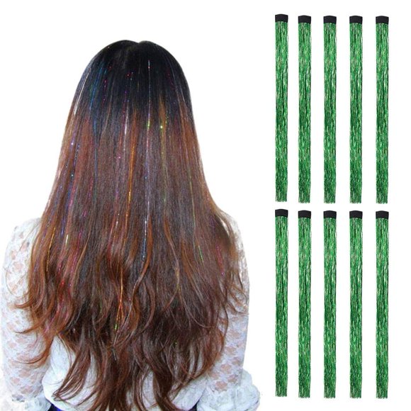 LiaSun 10 Unids/set Extensiones de Cabello de Oropel con Brillo Destacado Clip - Extensiones de Cabello Brillantes y Brillantes para Fiestas de Colores - Postizos con Rayas de Cabello Multicolores (Ve