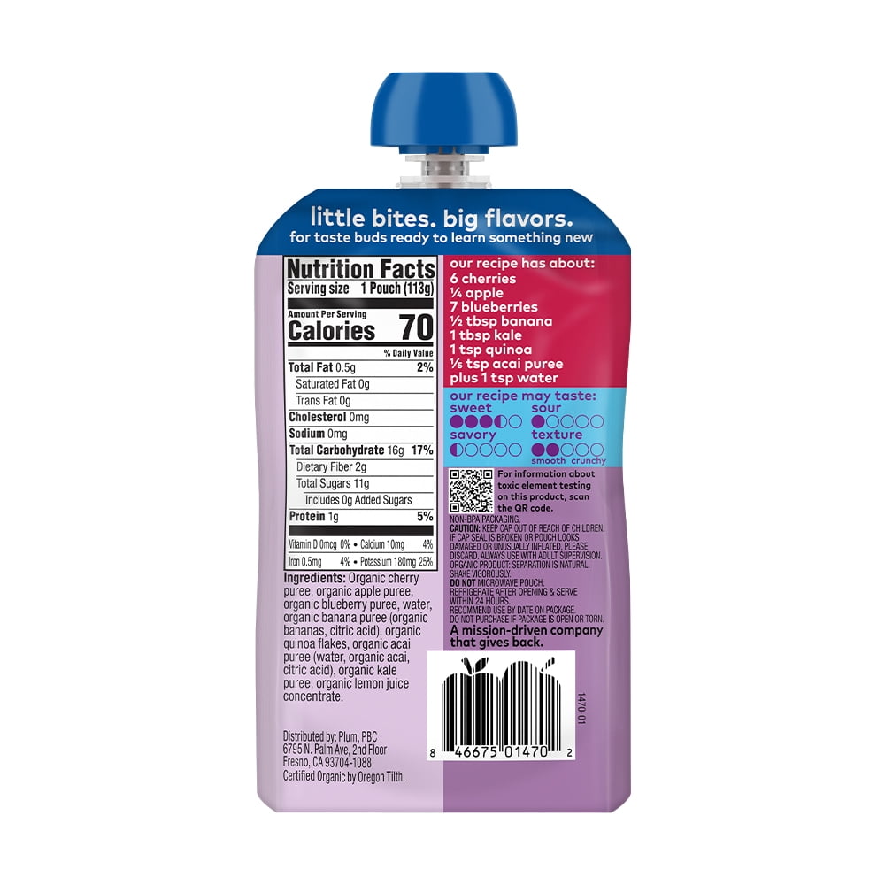 Plum Organics Stage 2 Organic Baby Food Cherry, Apple, Blueberry, Banana, Acai, Kale and Quinoa, 4 oz Pouch - Case of 12
