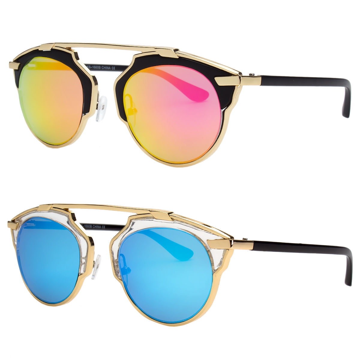 Cat Eye Women Fashion Sunglasses Gold Metal Rim Mirrored Lens Blue Black Pink