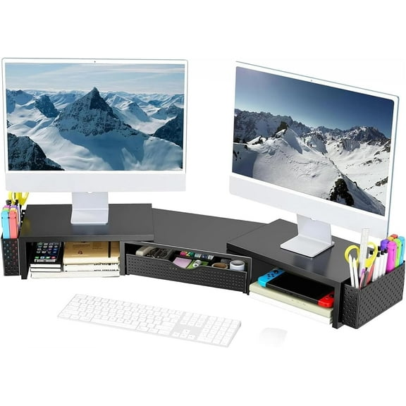 Metal Dual Monitor Stand Riser with Drawer & 2 Pen Holders - Ergonomic Desk Storage Organizer