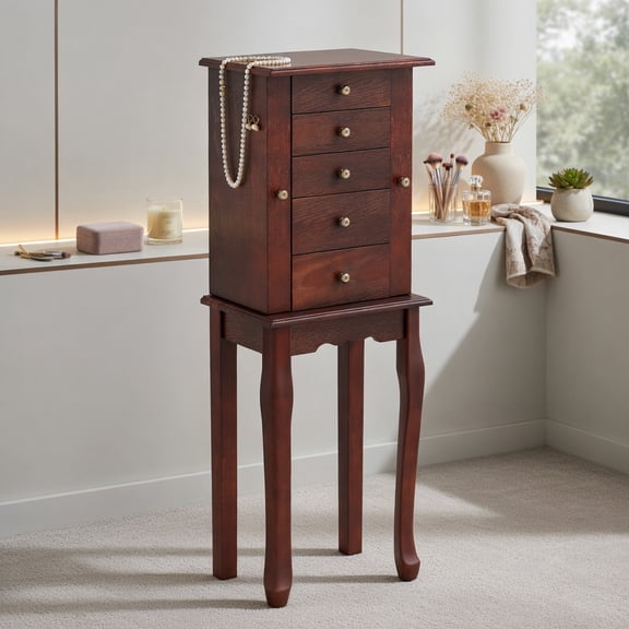 Resenkos Standing Jewelry Armoire - 2-Tone Brown Finish, Mirrored Door, Ample Storage Space - Brown