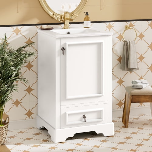 20 Inch Bathroom Vanity with Undermount Ceramic Sink  Free-standing with Soft-Close Doors and Drawers,Adjustable U-Shaped Shelf