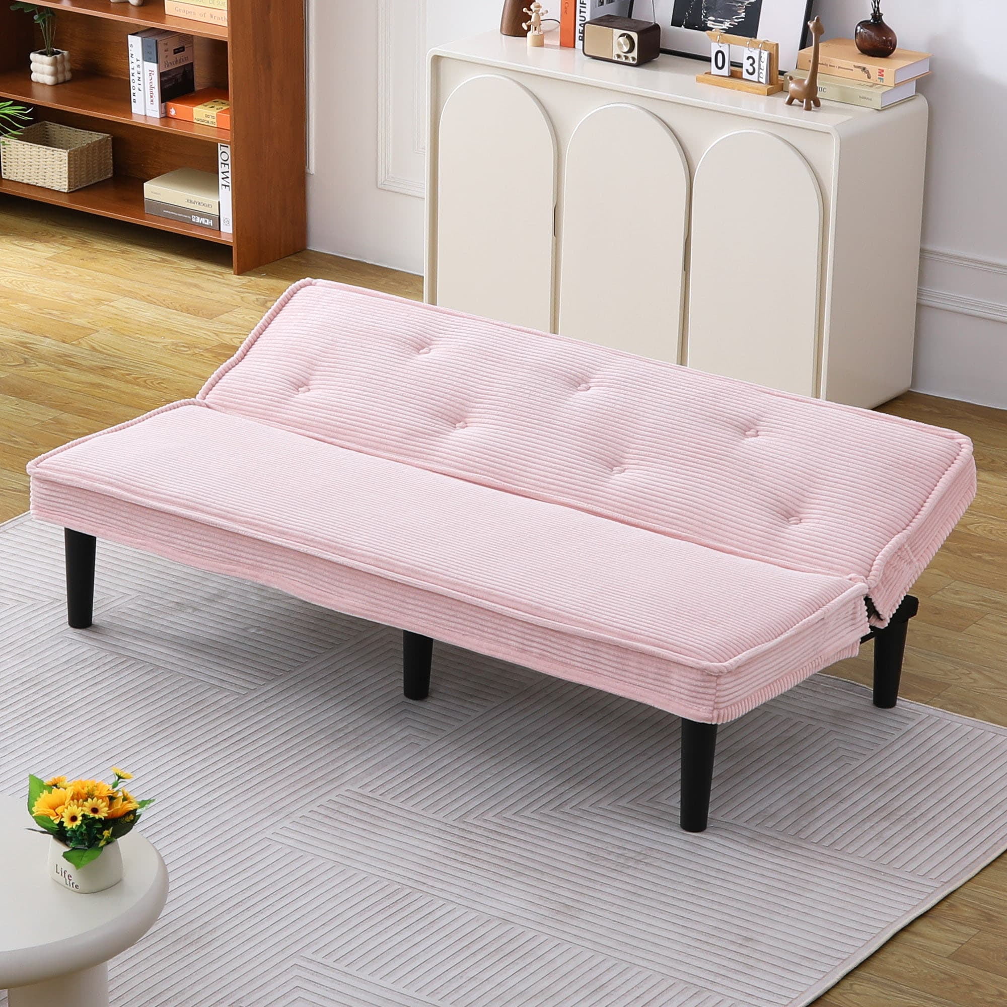MAYEERTY 66" Corduroy Sofa Bed Modern Sleeper Couches Sofas Loveseats for Living Room, Apartment and Bedroom, Pink
