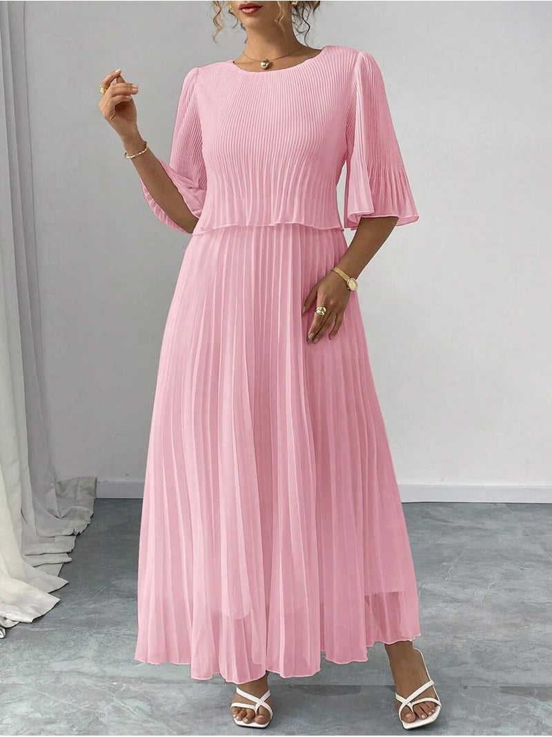 pleated flared maxi dress /// Pink Solid Chiffon Pleated Maxi Dress With Flared Cap Sleeves For Women, Women's, Size: 2XL