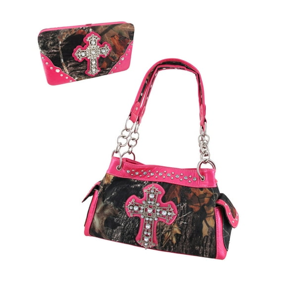 Deep Forest Camouflage Rhinestone Cross Purse / Wallet Set Hot Pink Trim