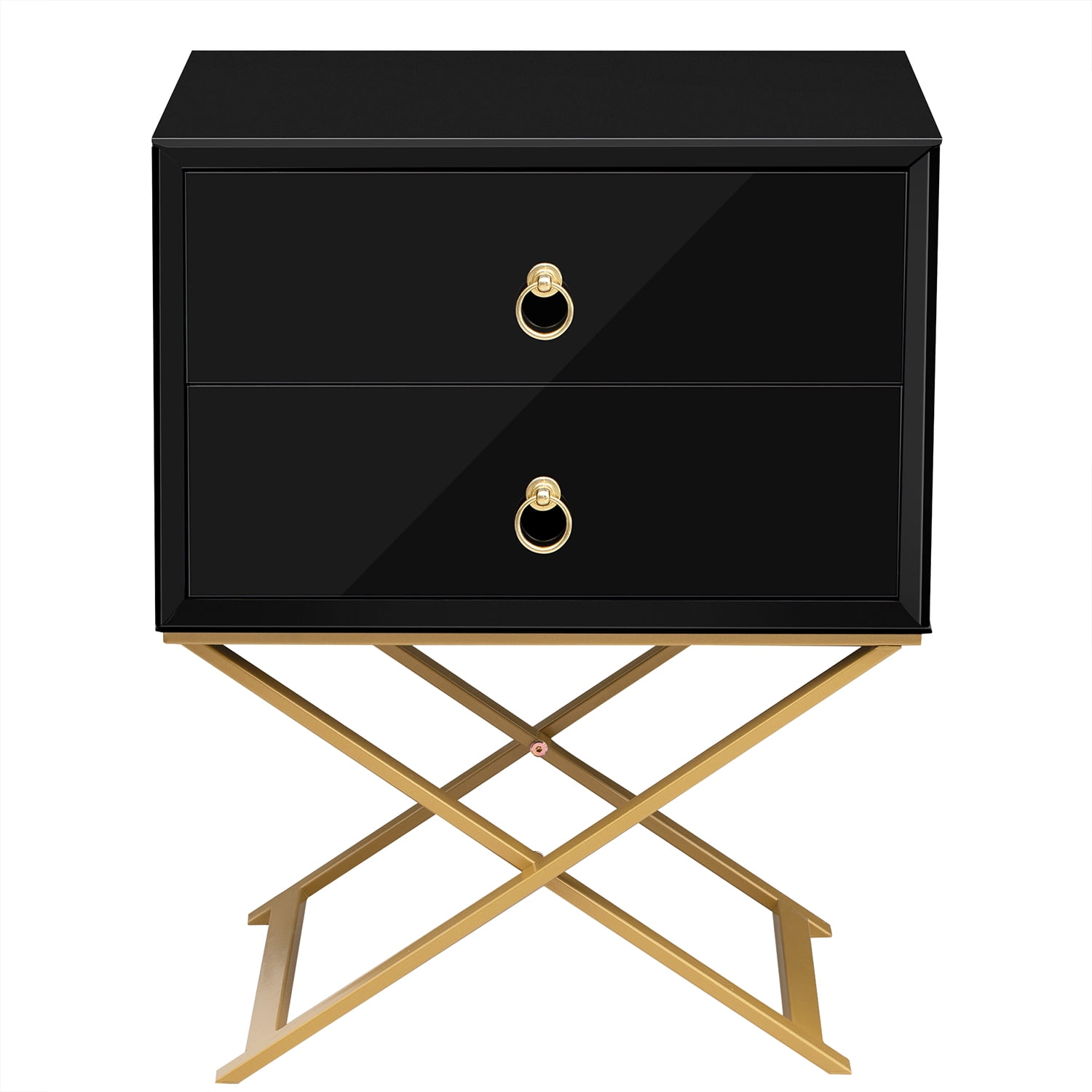 Kepooman Nightstand with 2 Drawers & Golden Handle, Storage Bedside Table, Black Kepooman Nightstand with 2 Drawers & Golden Handle, Storage Bedside Table, Black