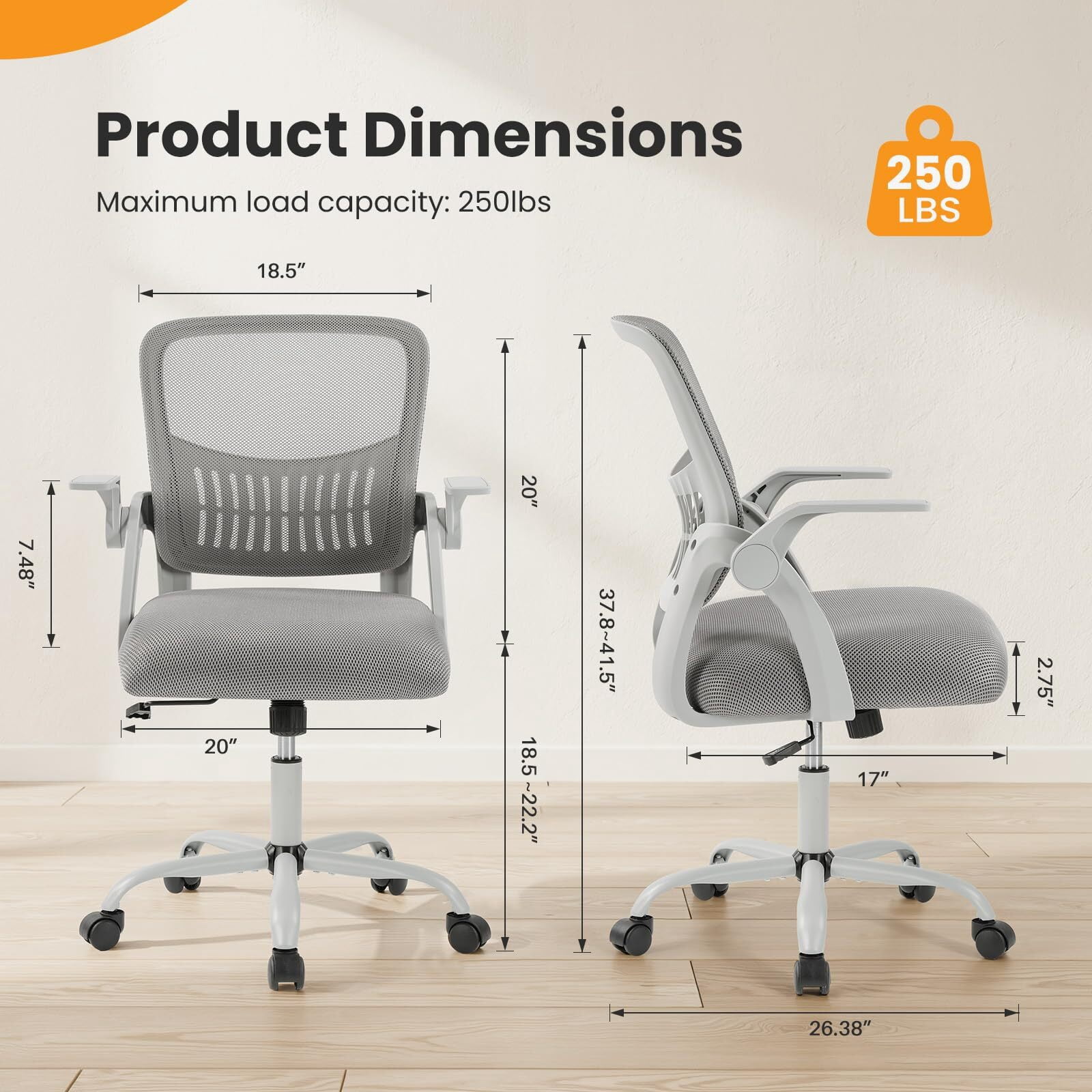 Kelno Ergonomic Mesh Office Chair Mid Back Desk Chair with Lumbar Support Flip-up Armrests Adjustable Height Swivel Task Chair, Gray