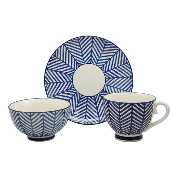 Blue Zig Zag Pattern Contemporary Designer Ceramic Dinnerware Bowl Mug Plate Set