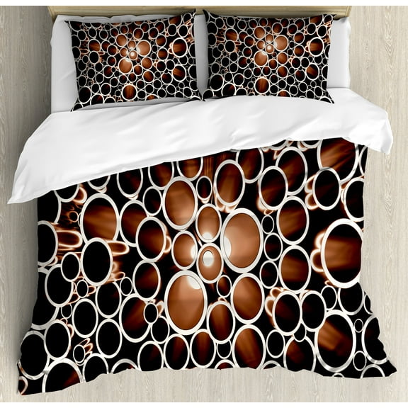 Industrial Duvet Cover Set, Round 3D Style Construction Theme Modern Circles Print, Decorative 3 Piece Bedding Set with 2 Pillow Shams, Queen Size, Dark Brown Caramel Cream, by Ambesonne