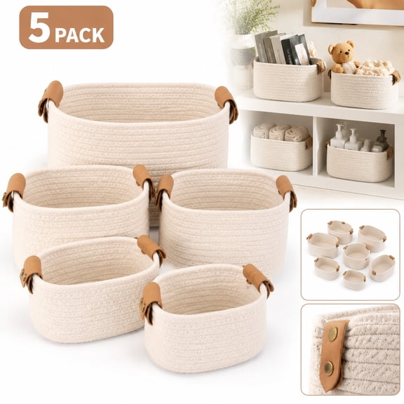5 Pack Storage Baskets Set , Natural Woven Cotton Rope Organizer Bins for Shelves, Closet, Bathroom , Foldable Home Decor Basket for Bedroom, Living Room , Farmhouse, Modern Style