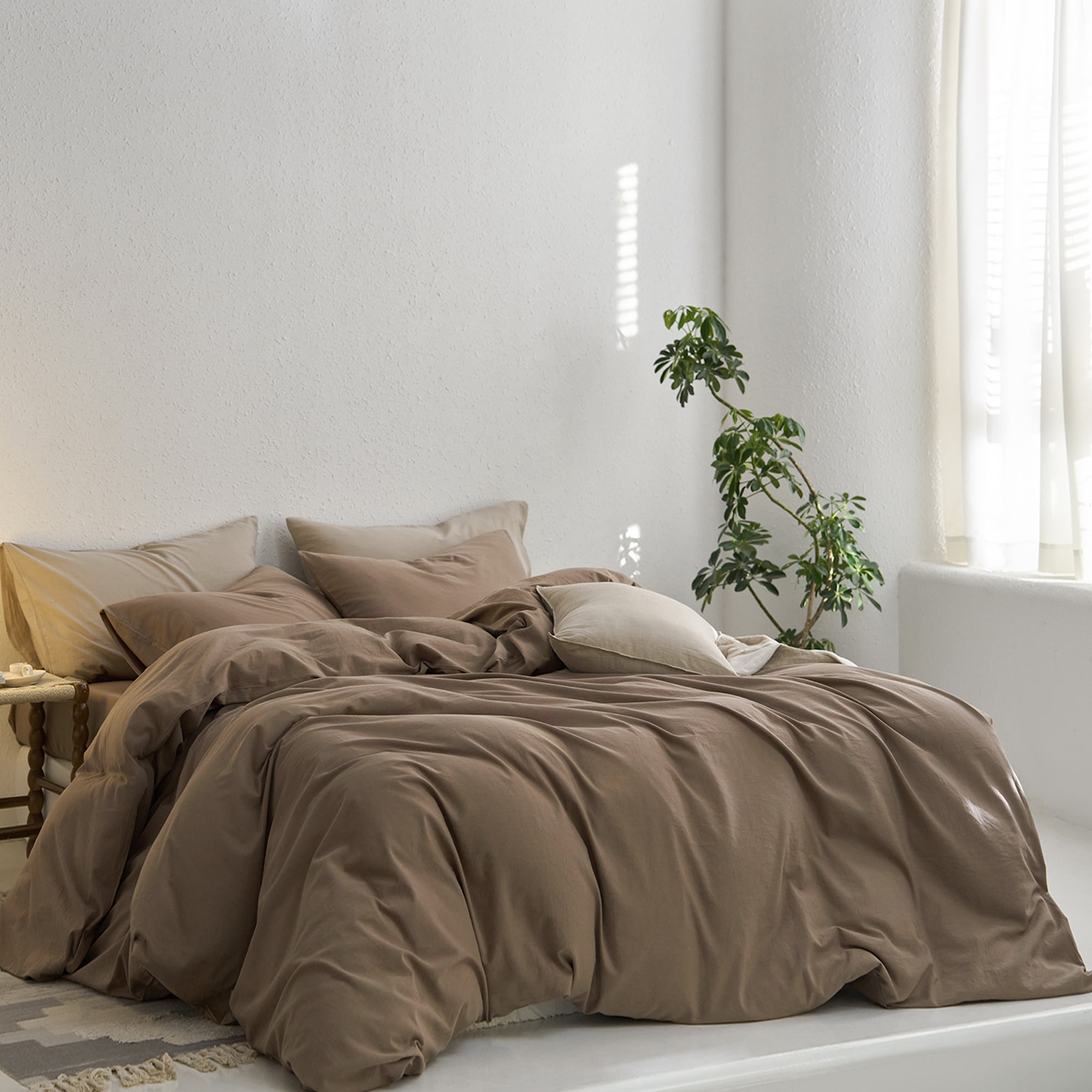 MooMee Duvet Cover Set Queen 100% Washed Cotton Twill Ultra-Soft Breathable Linen Like 3-Piece (Bombay Brown, 90"x90")