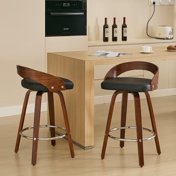 LQLI 25 Inch Swivel Bar Stool with Low Back Set of 2, Mid-Century PU Leather Upholstered Barstool Walnut Wood Counter Height Stool for Kitchen Island Counter Dining Room Small Space