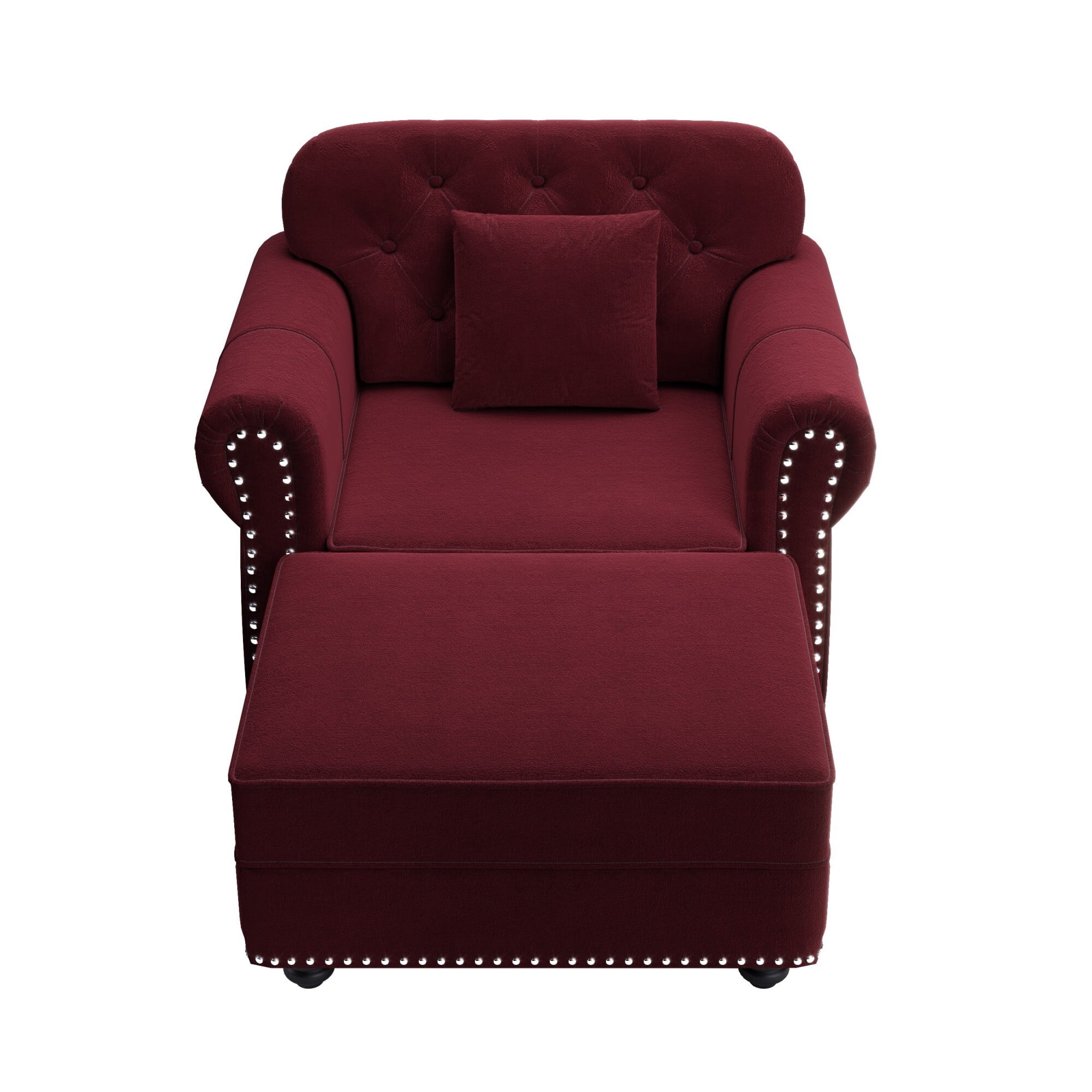 DEALTOPS 41.3 Inch Reversible Chesterfield Velvet Accent Chair with Ottoman, Tufted Nailhead Trim, Burgundy