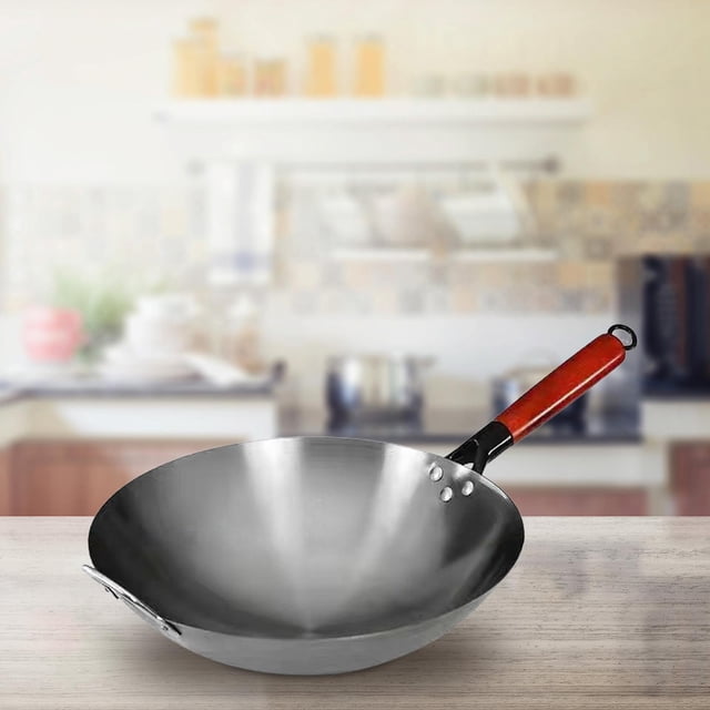 Sartén Wok Wok Chino Manual de Hierro Forjado con Mango de Madera Sartenes para Cocinar Wok de Hierro Universal Sin Recubrimiento Sartén Antiadherente 42 cm