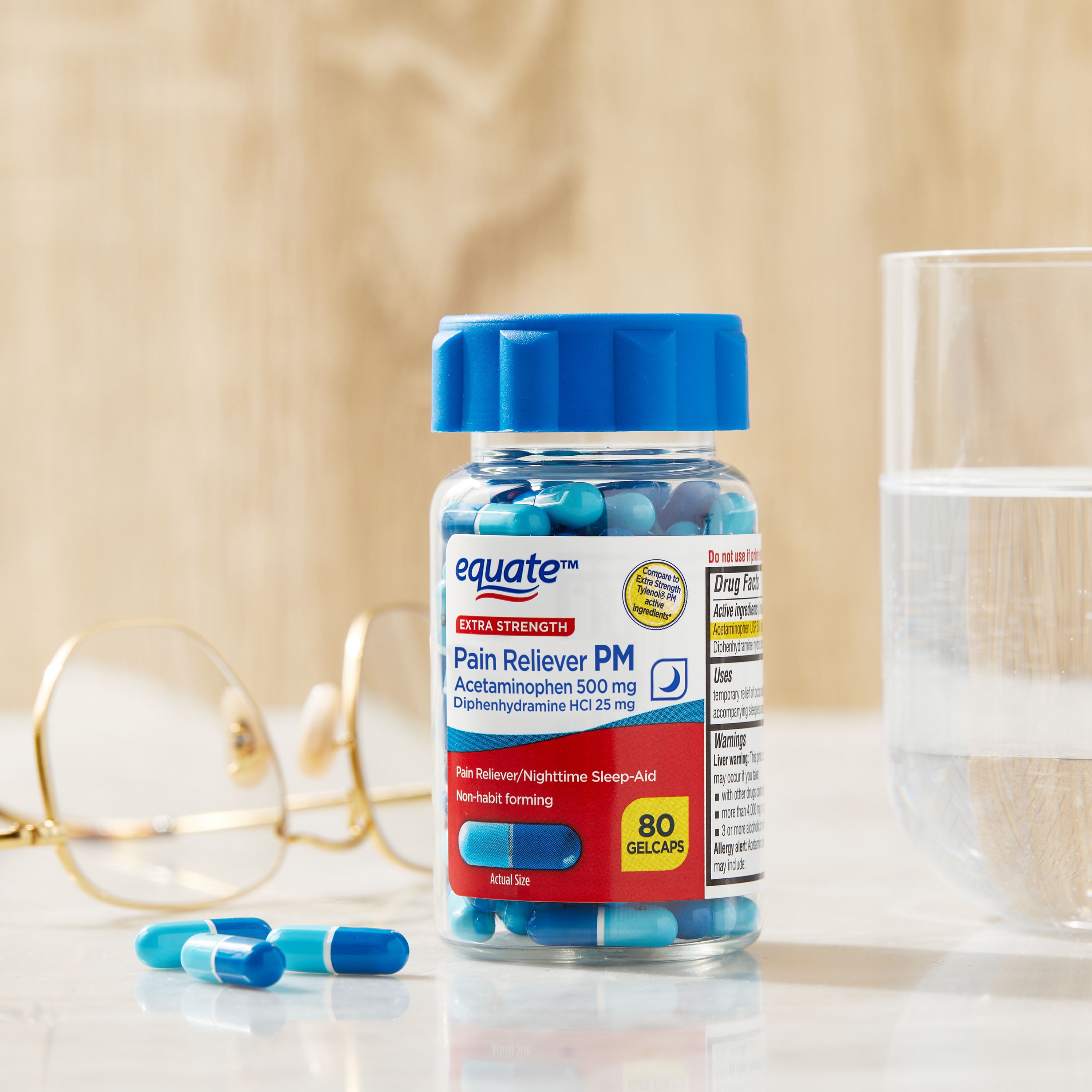 Equate Extra Strength Pain Reliever PM, Acetaminophen 500 mg & Diphenhydramine HCL 25 mg, 80 Gelcaps