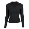 thumbnail image 4 of Camiseta elegante de manga larga con escote en V profundo para mujer: top ajustado con fruncidos laterales para combinar en otoño/invierno, estilo informal de negocios (S-L), 4 of 5