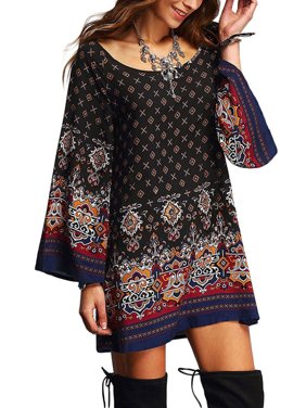 Womens Summer Beach Mini Dress Sundress Boho Floral Print Long Sleeve Crew Neck Long Tops Loose Casual Party Shirt Dress