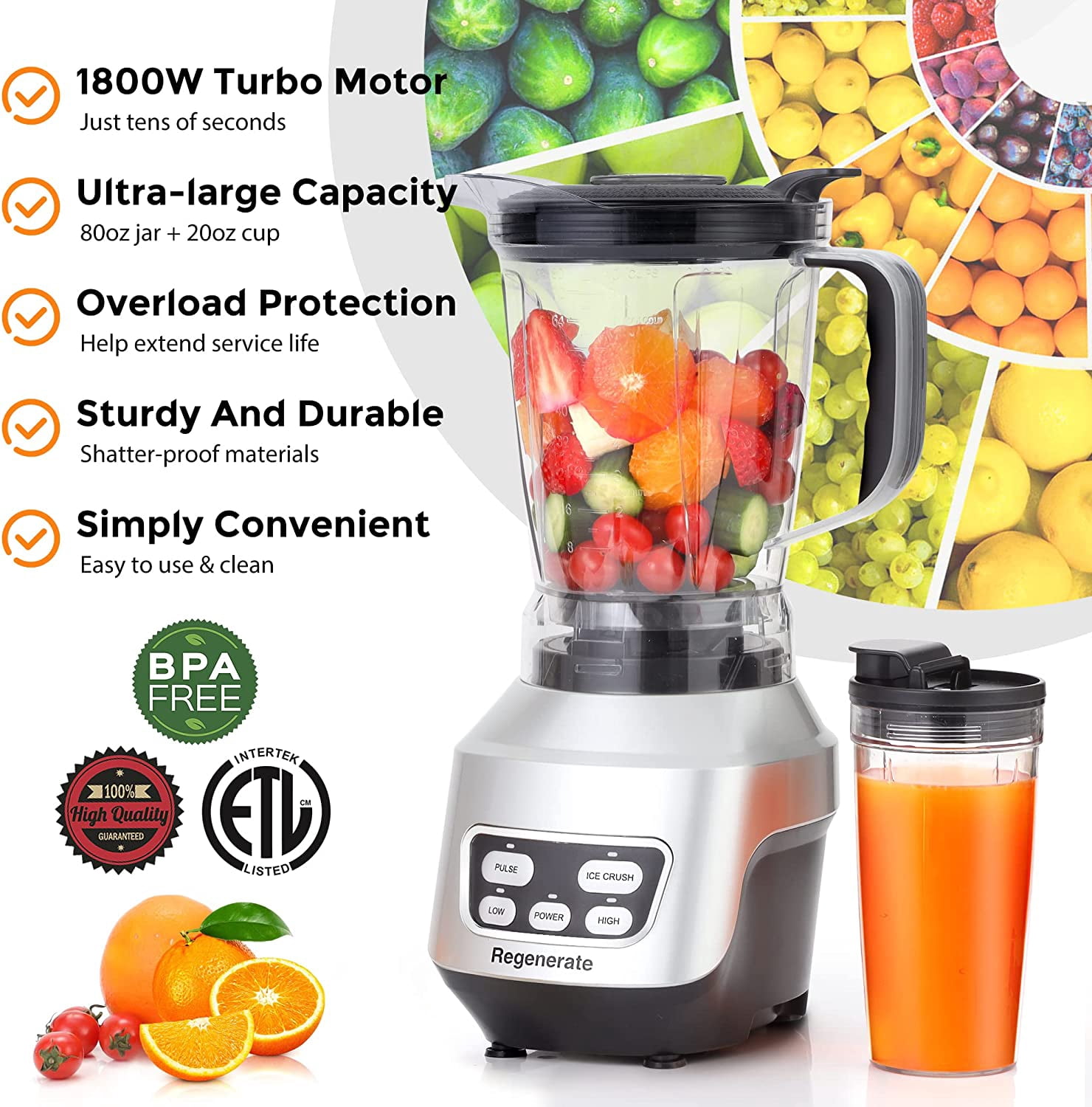 Countertop Blender for Kitchen, 1200W Powerful Smoothie Blender with 1.5L Glass Jar and Portable Travel Cup, 6-Blade System for Ice Crushing, Shakes & Smoothies, 21,000 RPM, Silver