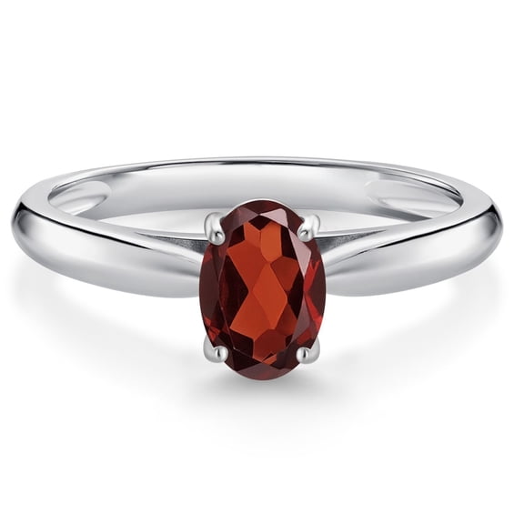 Gem Stone King 10K White Gold Red Garnet Solitaire Engagement Ring for Women (0.87 Cttw, Oval 7X5MM, Gemstone January Birthstone, Size 6)