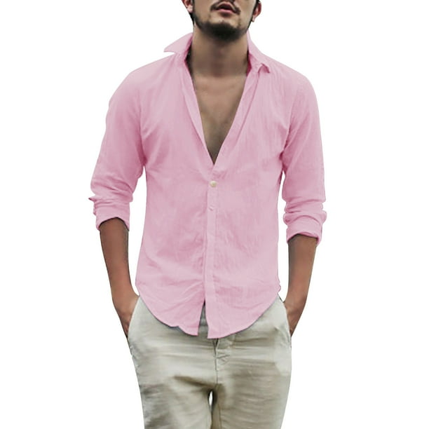 Camisas Para Hombre Camisa de lino y algodon de manga larga para hombre camisas con botones para la playa camisa informal con botones Tops de Yoga de verano con bolsillo Pink XXL