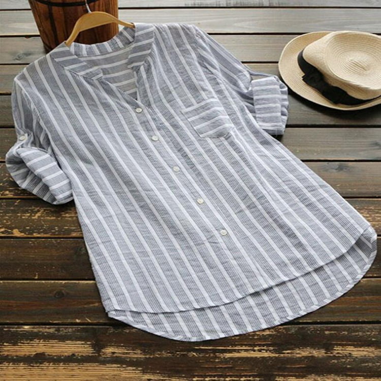 New Womens Summer Striped V Neck Blouses Loose Baggy Tops Tunic T Shirts Plus Size