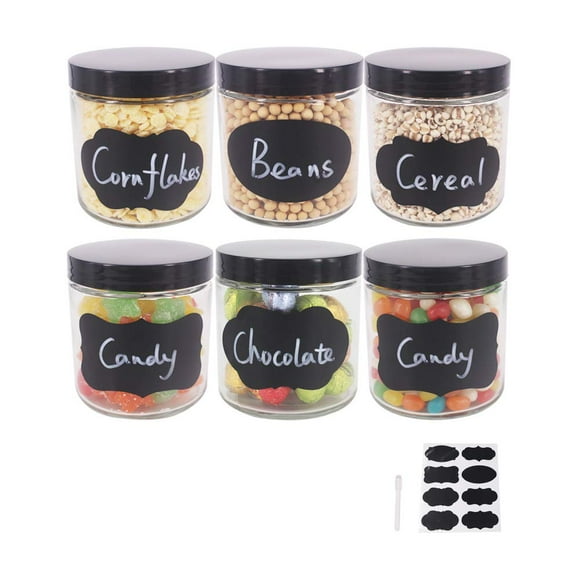 BPFY Lot de 6 Bocaux en Verre de 16 oz avec Couvercles en Plastique, Bocaux de Cuisine en Verre, Organisation de Garde-Manger, Bocaux de Stockage Alimentaire pour Farine, Sucre, Café, Bonbons, Collations, 8 Étiquettes de Craie, 1 Stylo