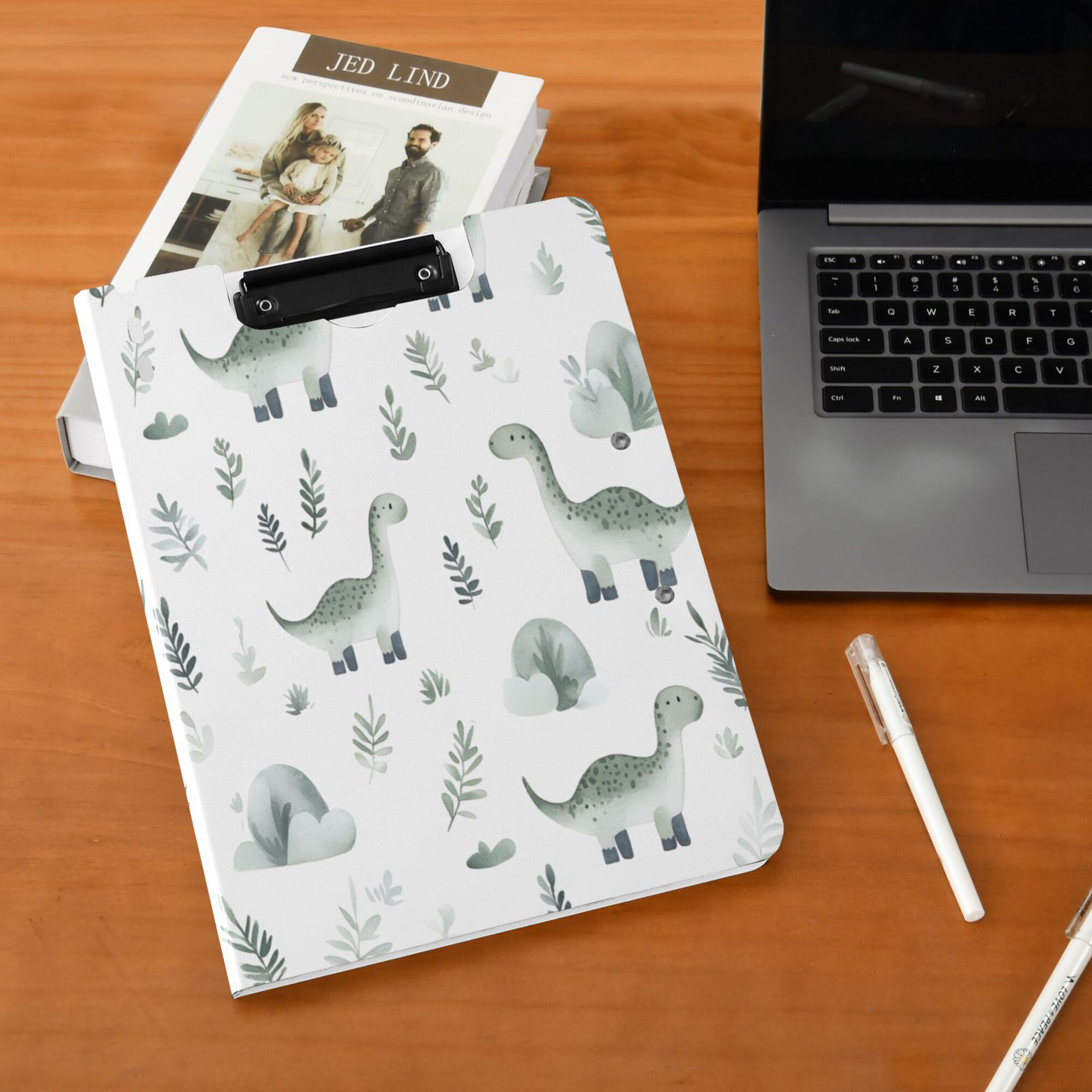 FORMRS A4 Clipboard Folder with Pen Holder Horizontal Foldable School Office Binder, Green Dinosaur Pattern