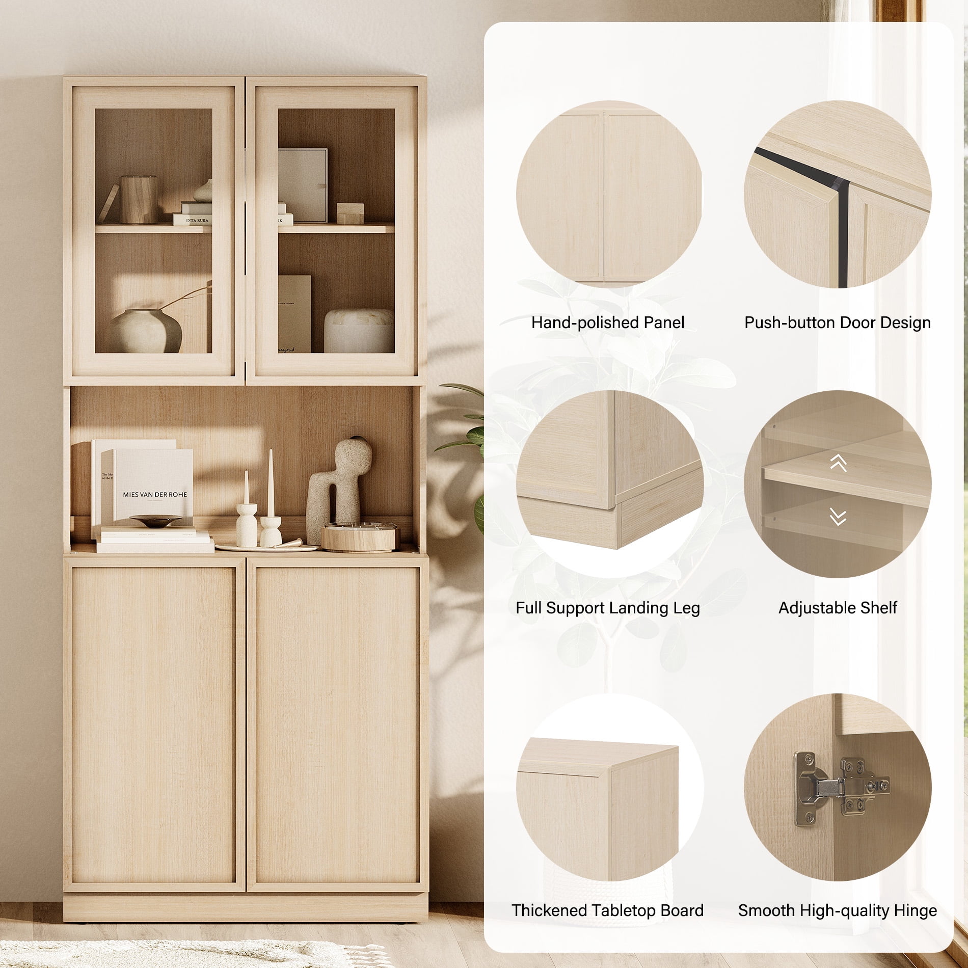 Modern Wood Sideboard Buffet with Glass Doors & Adjustable Shelves, 72" Tall Glass Display Storage Cabinet for Dining Kitchen,Beige