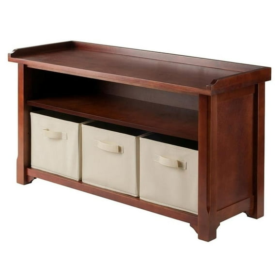 Pemberly Row Solid Wood Storage Bench with 3 Foldable Baskets in Walnut/Beige