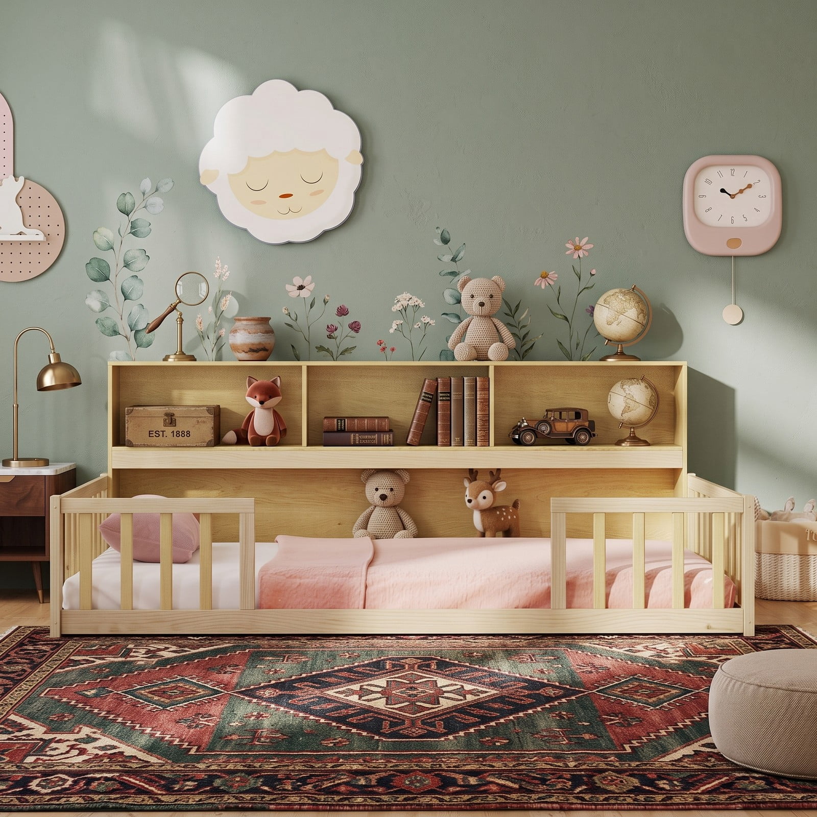 Furnibear Full Size Montessori Floor Bed Frame with Bookcase Headboard and Full Length House Rails for Kids Room, Natural