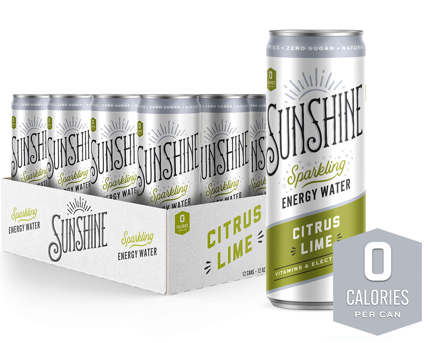 Sunshine Beverages Sparkling Energy Water, Citrus Lime, 12oz, 12 Pack