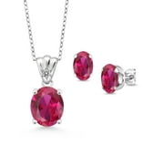 Gem Stone King 925 Sterling Silver Red Created Ruby and White Diamond Pendant and Earrings Jewelry Set For Women (6.73 Cttw, Gemstone Birthstone, Oval 11X9MM and 8X6MM with 18 inch Silver Chain)