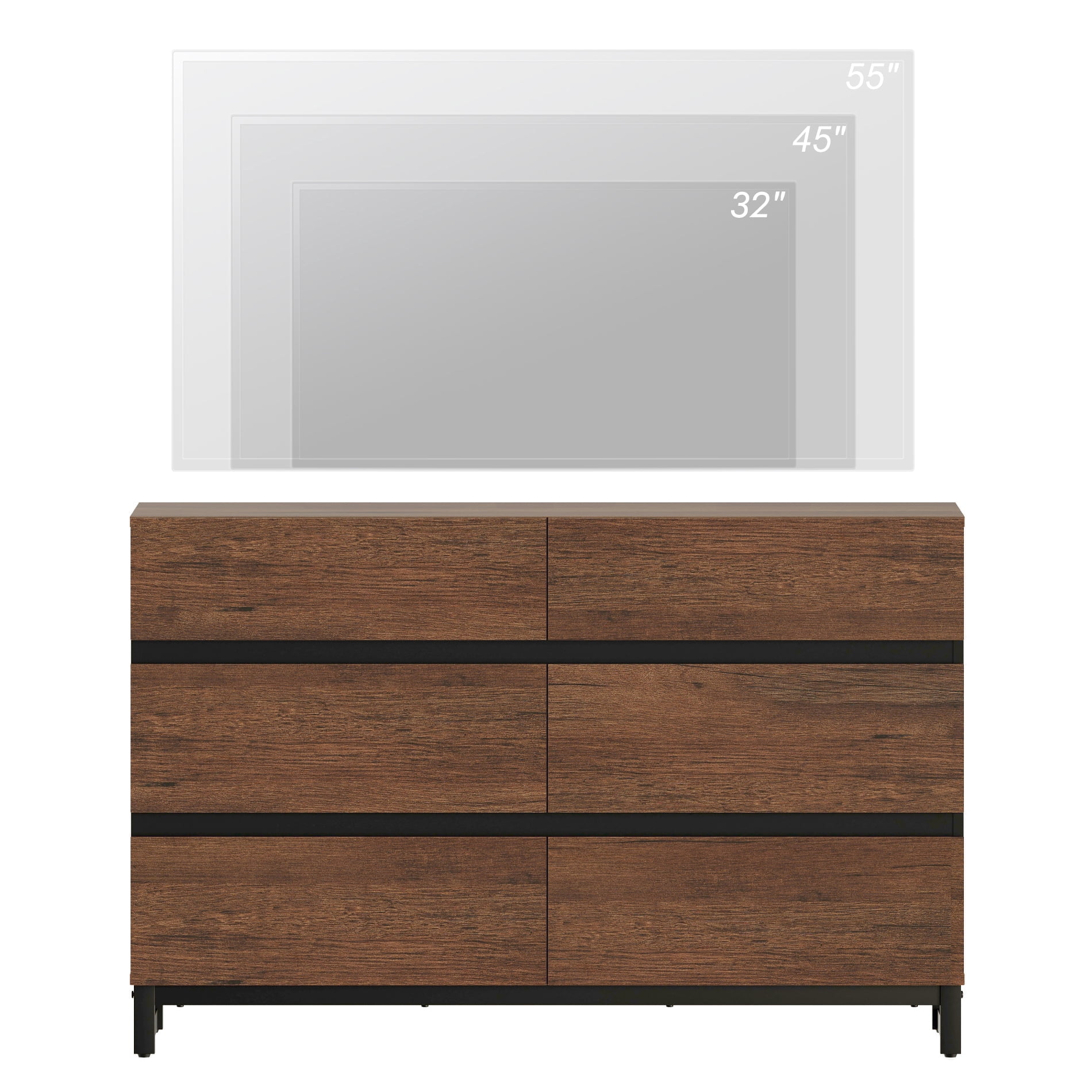 WAMPAT 6-Drawer TV Stand, Modern Media Entertainment Center with Metal Base, Wooden Storage Console Fits 50 Inch TV for Home Living Room, Brown